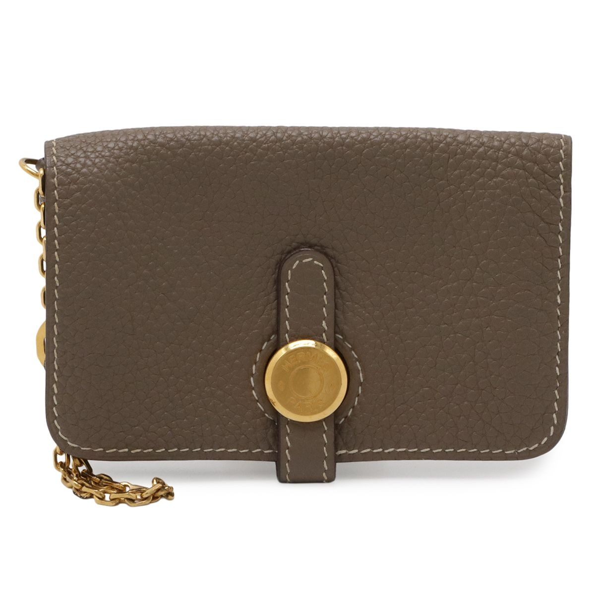 Hermes Dogon Key Case Coin Purse Card with Chain Taurillon Clemence Etoupe Gold