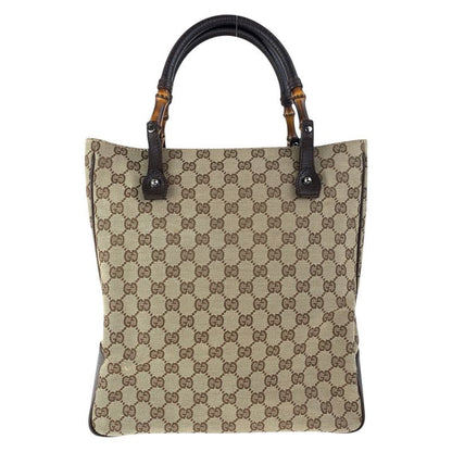Gucci Bamboo Beige Brown Silver Hardware GG Canvas 112530 Tote Bag Handbag