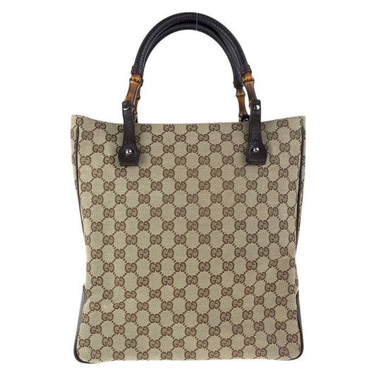Gucci Bamboo Beige Brown Silver Hardware GG Canvas 112530 Tote Bag Handbag