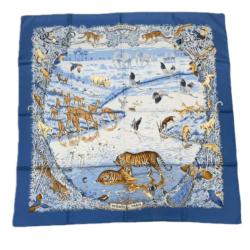 Grade Rare Hermes Carre 90 LA Treve DE L EAU Water Truce Blue 100% Silk Scarf