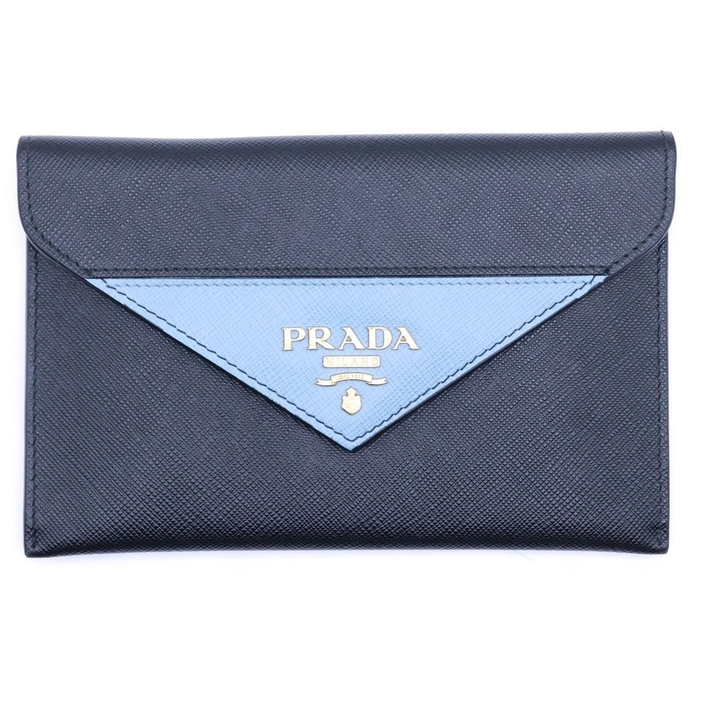 Prada Sapphia No Letter Wallet Card Case Black Light Blue Pouch