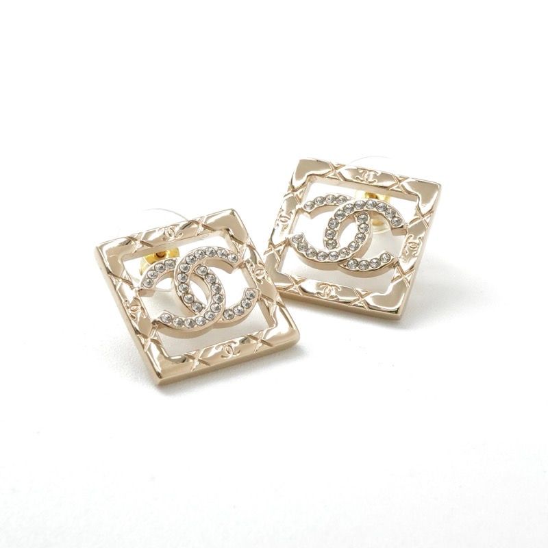 Chanel Earrings Earring Gold Coco Mark Rhinestone Square