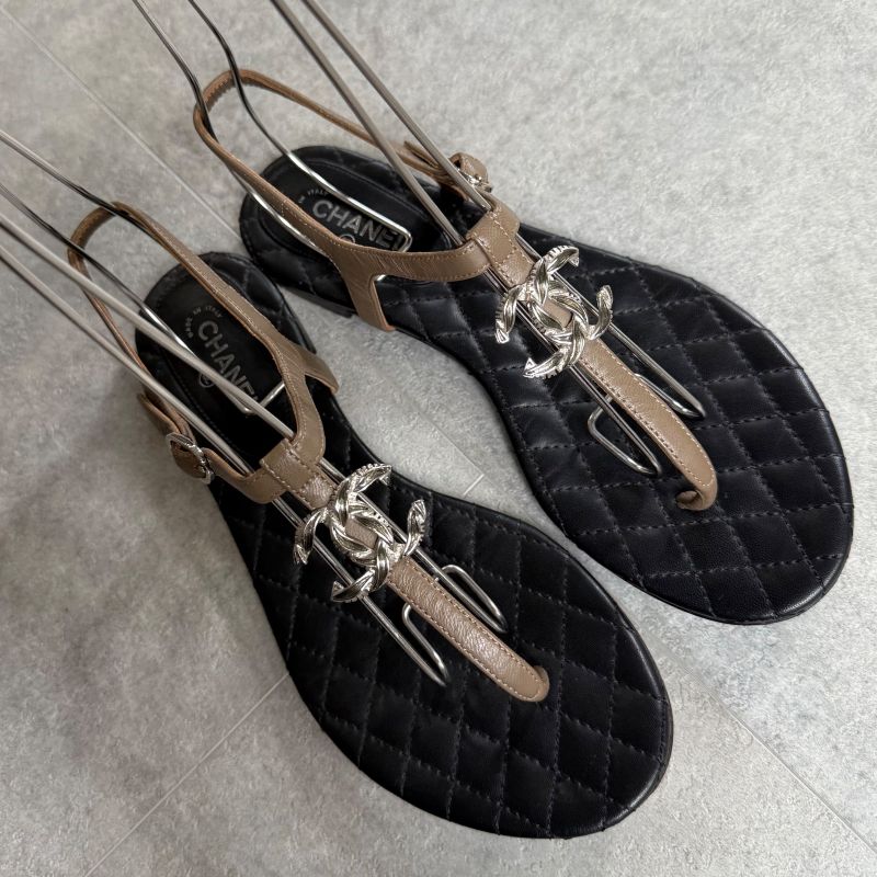 Chanel Thong Sandals Matelasse Coco Mark Flat Shoes Sandals Black Beige Silver