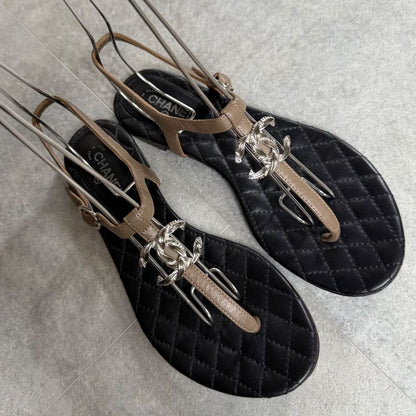 Chanel Thong Sandals Matelasse Coco Mark Flat Shoes Sandals Black Beige Silver