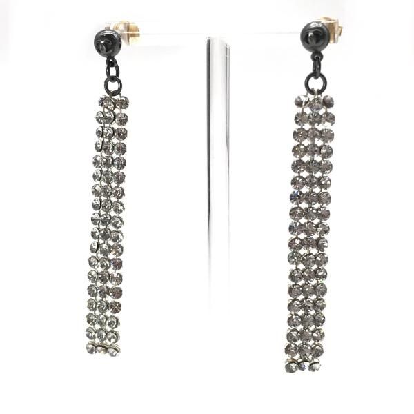 Chanel CC Logo Fringe Line Stone Earrings Black Silver
