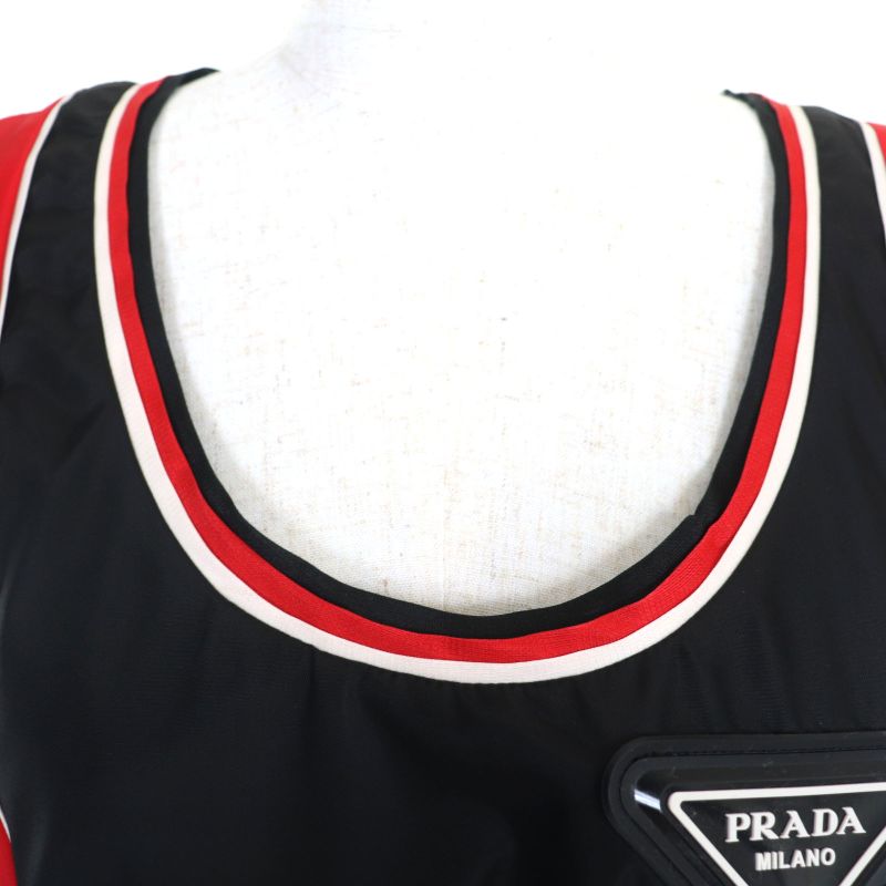 Prada 230623 Triangle Logo Leather Re-nylon Sleeveless Dress Black Red 36 Made