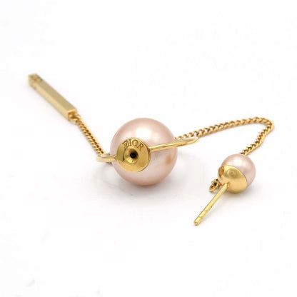 Christian DIOR Tribal Earrings Resin Pearl CD Logo Chain Pink GP 7.3g Box With