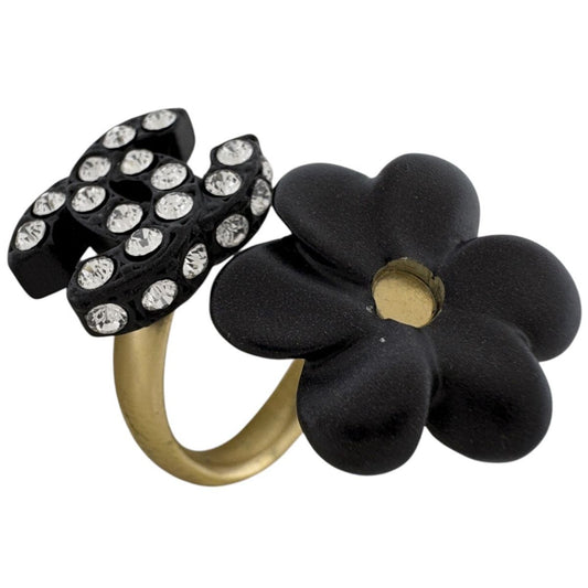 Chanel CC Logo Rhinestone Ring Camellia Motif Gold Plated Black
