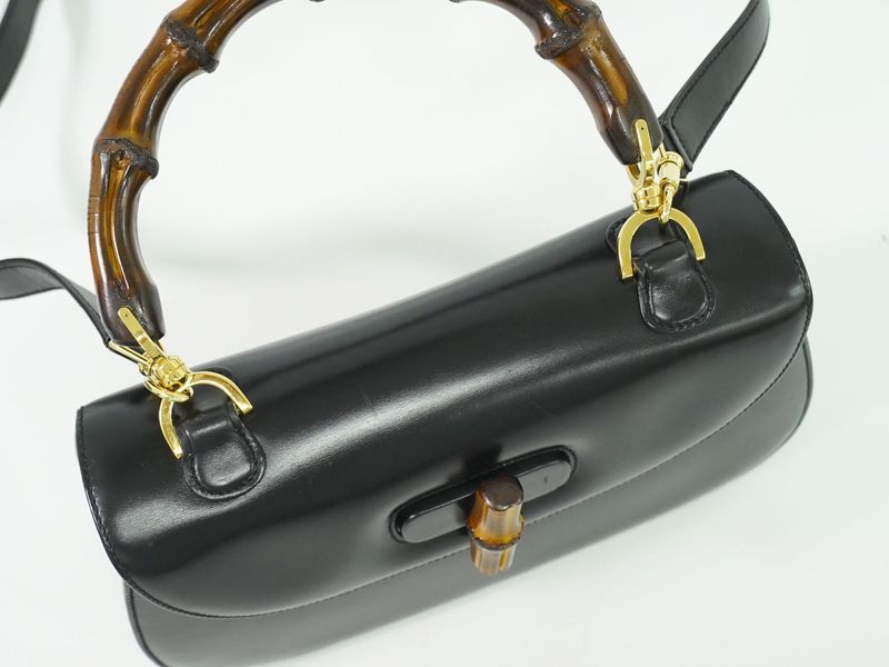 Authentic Gucci Bamboo 2WAY Shoulder Bag Handbag Pochette Leather Black Bamboo