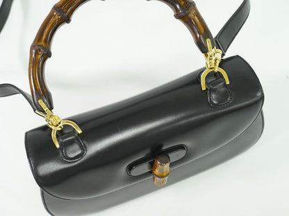 Authentic Gucci Bamboo 2WAY Shoulder Bag Handbag Pochette Leather Black Bamboo