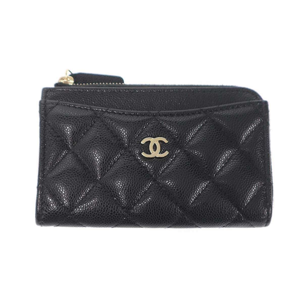 Chanel Quilted Shiny Grained Caviar Classic Zip Fragment Card Case Black