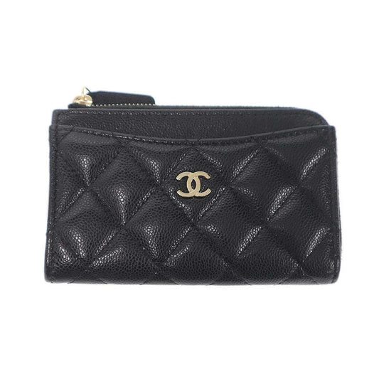 Chanel Quilted Shiny Grained Caviar Classic Zip Fragment Card Case Black