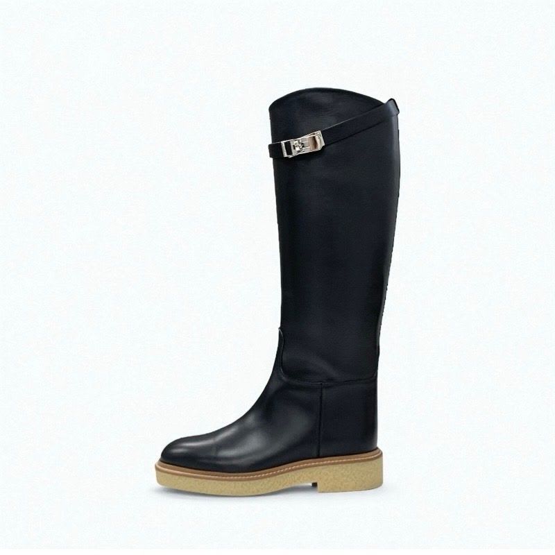 Hermes Boots Long Shoes Leather Black Silver Kelly Hardware