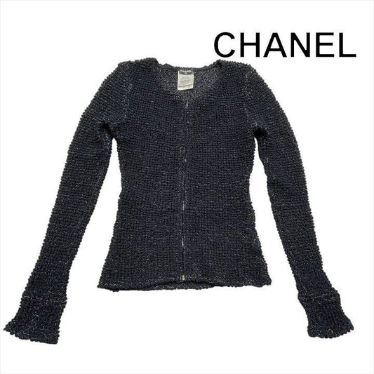 Chanel CC Logo Full Zip Lame Long Sleeve Top Cardigan Black