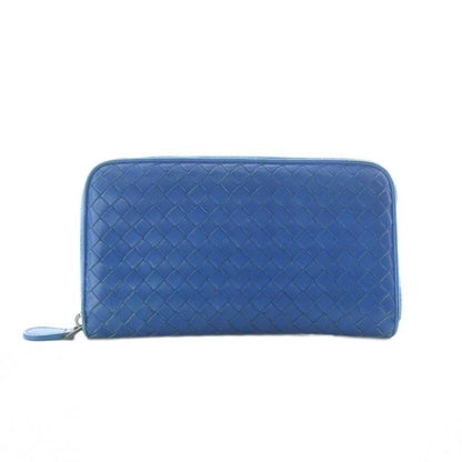 Bottega Veneta Long Wallet Leather Coin Purse Round Zipper Intrecciato Blue
