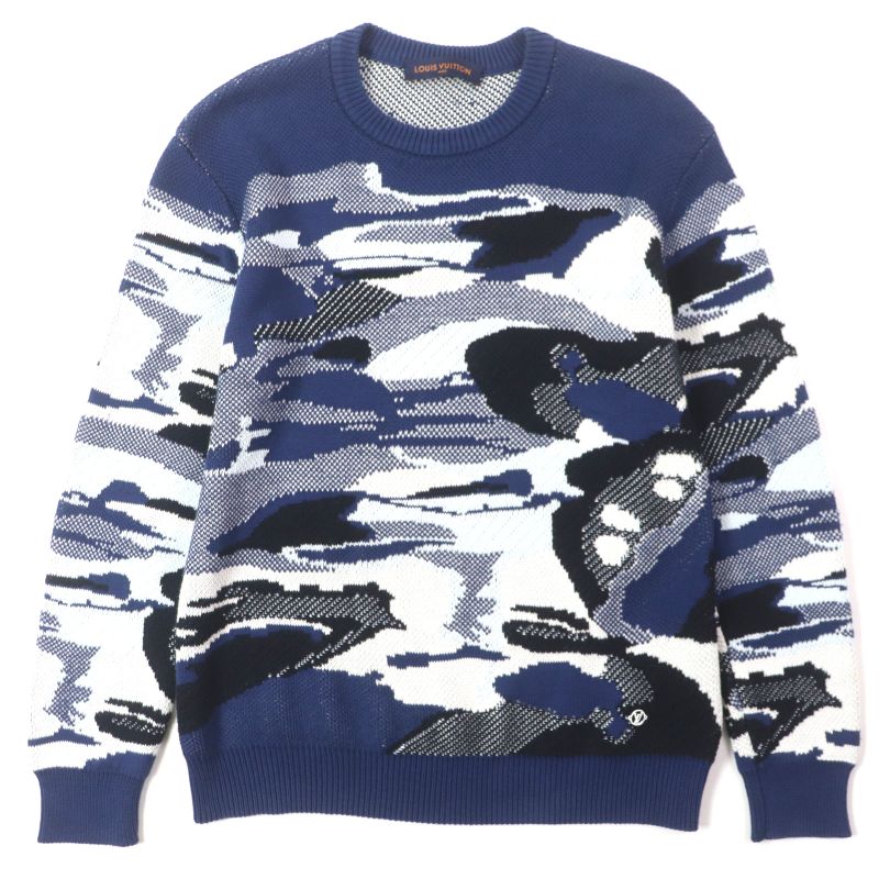 Louis Vuitton 20SS 100% Cotton Camo Pique Jacquard Crewneck Knit Sweater Navy