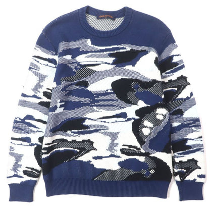 Louis Vuitton 20SS 100% Cotton Camo Pique Jacquard Crewneck Knit Sweater Navy