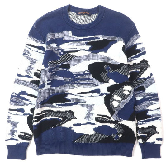 Louis Vuitton 20SS 100% Cotton Camo Pique Jacquard Crewneck Knit Sweater Navy