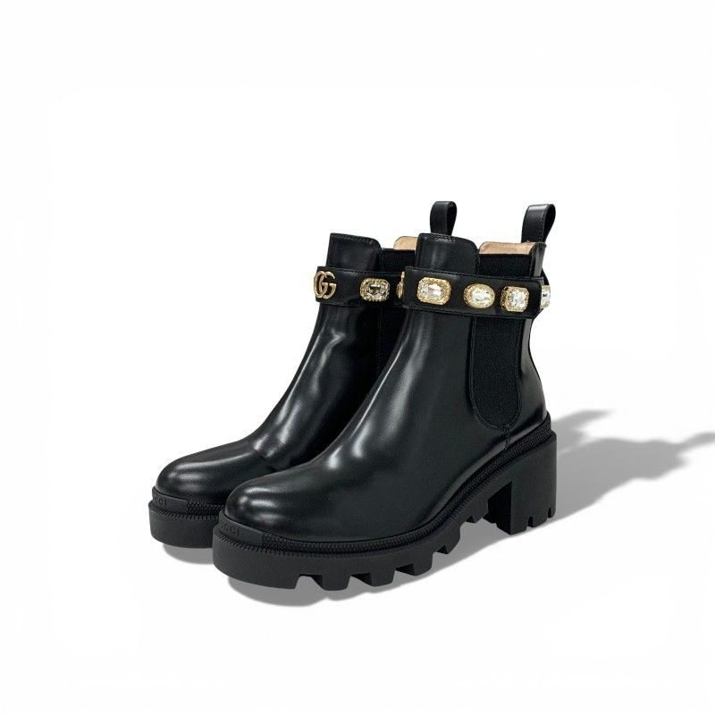 Gucci Short Boots Shoes Leather Black Double Bijoux Belt Side Gore GG Marmont