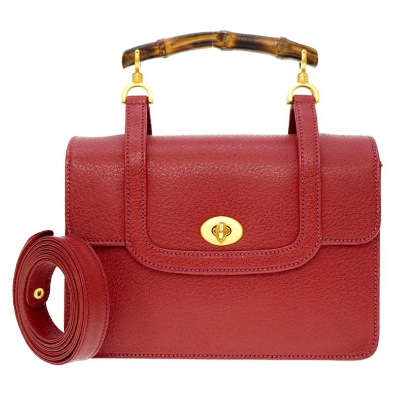 Gucci Bamboo 2-Way Shoulder Handbag Leather Red 0015 Stop