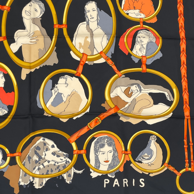 Hermes Carre 90 Scarf Silk LES Parisiens Black And Gold