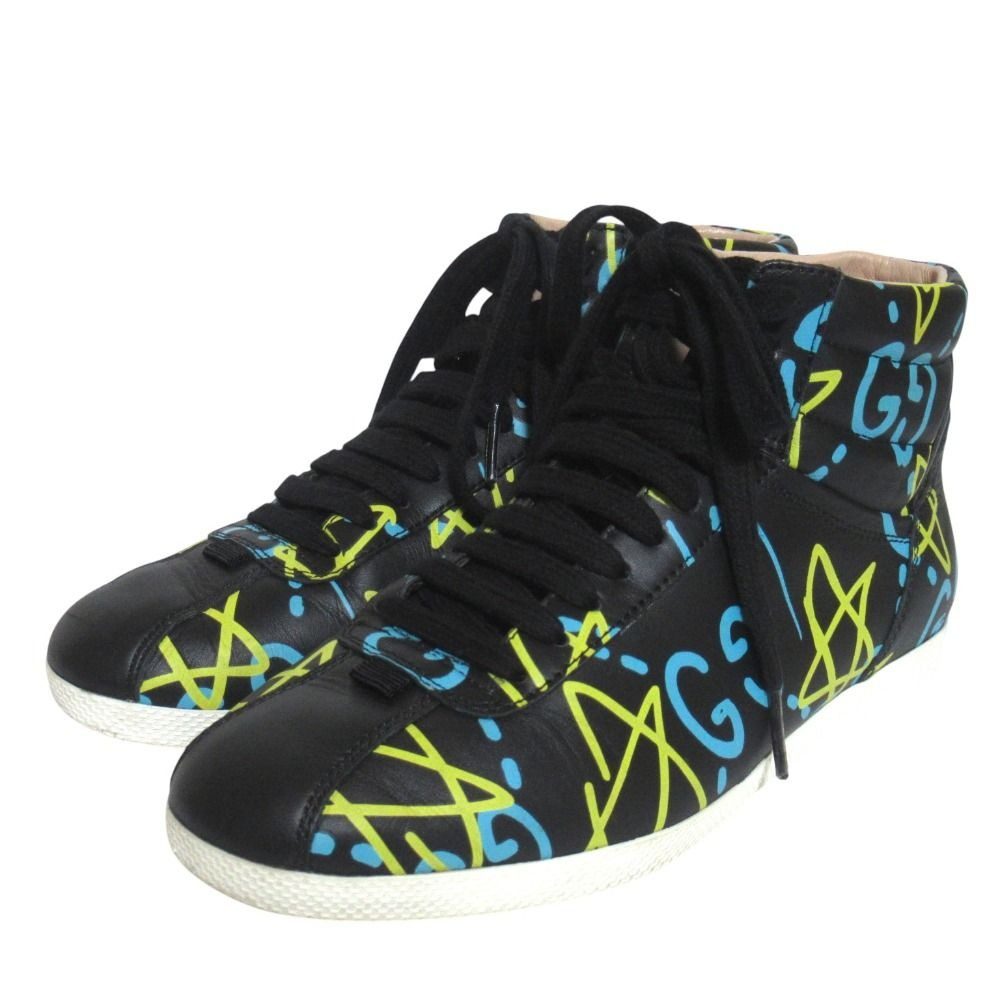 Gucci Ghost Print Leather High Cut Sneakers Shoes 35.5 Black