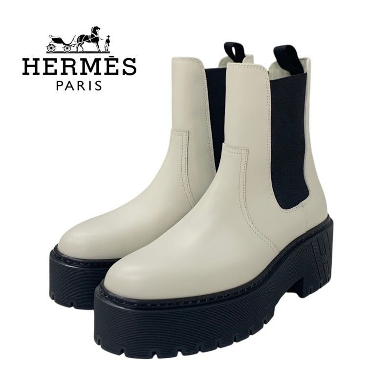 Hermes Hallow Boots Short Shoes Leather Ivory Side Gore