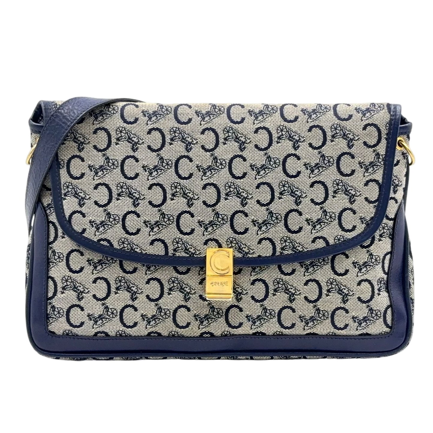 Celine C Macadam Leather Canvas Navy Shoulder Bag Gold