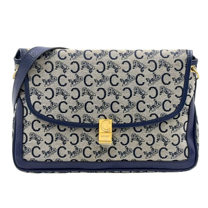 Celine C Macadam Leather Canvas Navy Shoulder Bag Gold