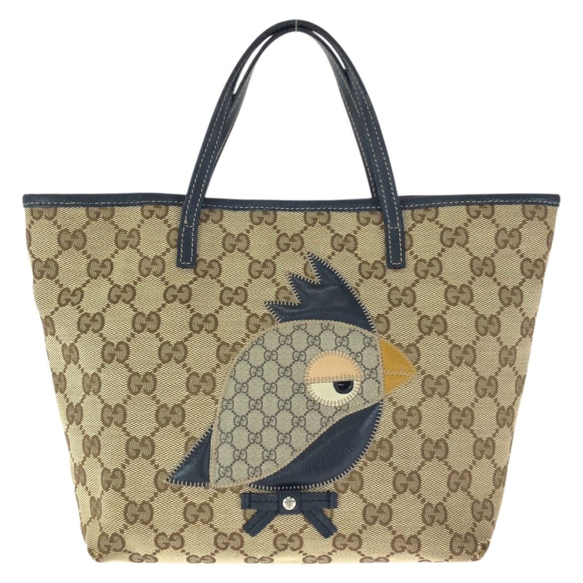 Gucci Children's Zoo Parrot Beige Navy Silver GG Canvas Leather Tote