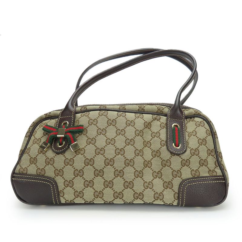 Gucci Boston Bag 161720 Sherry Princi GG Canvas Leather Beige Dark Brown Gold