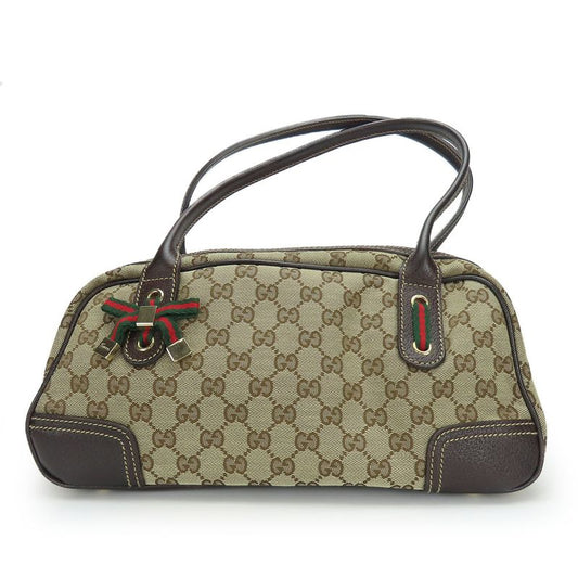 Gucci Boston Bag 161720 Sherry Princi GG Canvas Leather Beige Dark Brown Gold