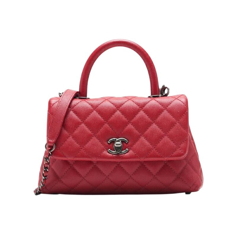 Chanel Quilted Coco Handle 2-Way Handbag Caviar Leather Red With Silver Hardware