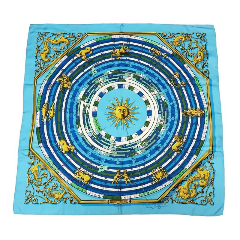Hermes Carre 90 Scarf DIES ET HORE Astrology 100% Silk Blue Cleaned