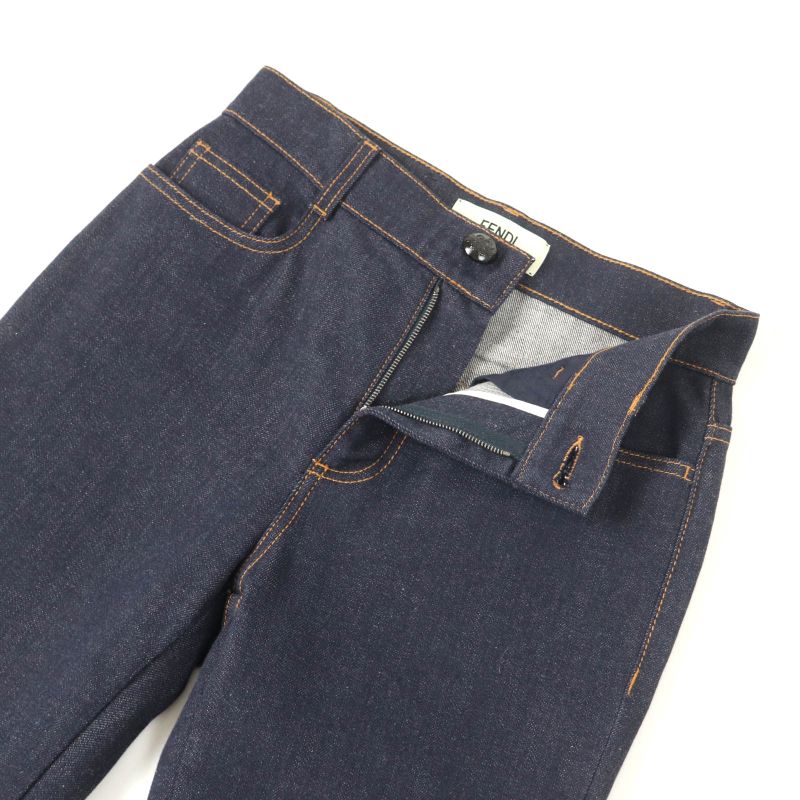 Fendi Flp673 Leather Denim Pants With Logo Patch And Logo Button Bottoms Indigo