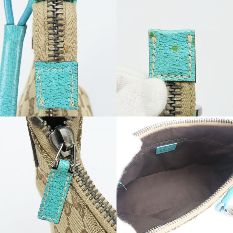 Gucci Shoulder Bag 115002 GG Canvas Leather Beige Blue Silver Hardware Shoulder