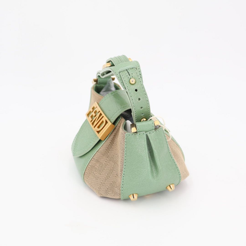 Fendi Beige Green Zucca Canvas Leather Baguette Shoulder Bag