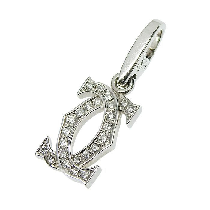 Cartier 2 CC Charm Diamond Pendant Top 18K White Gold 750