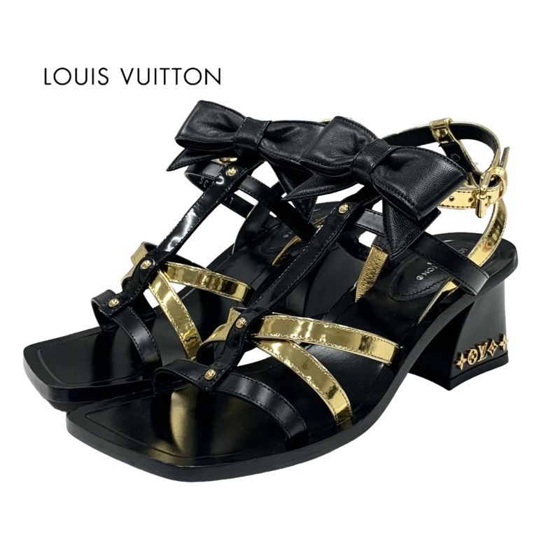 Louis Vuitton Peplum Line Monogram Sandals Shoes Patent Leather Black Gold
