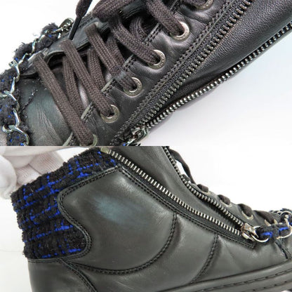 Chanel High Cut Sneakers Chain Double Zip 37 Coco Mark Black Leather