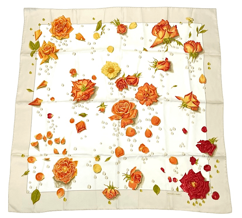 Hermes Carre 90 LA Rosee Anne Gavarni Rose Drop Scarf Silk Beige