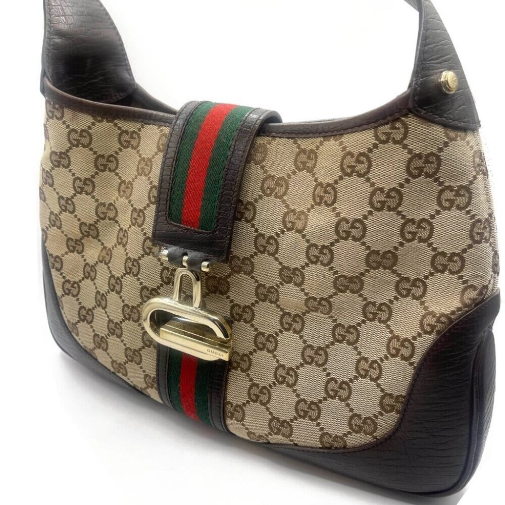 Gucci GG Jackie Sherry Web Canvas Handbag Shoulder Bag Charm Ophidia