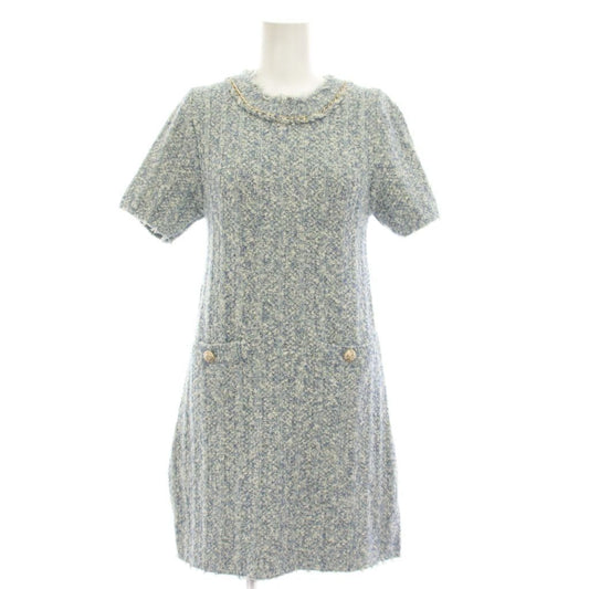 Chanel Uniform Tweed Dress Short Sleeve Knee Length 5 Buttons 36 Blue White