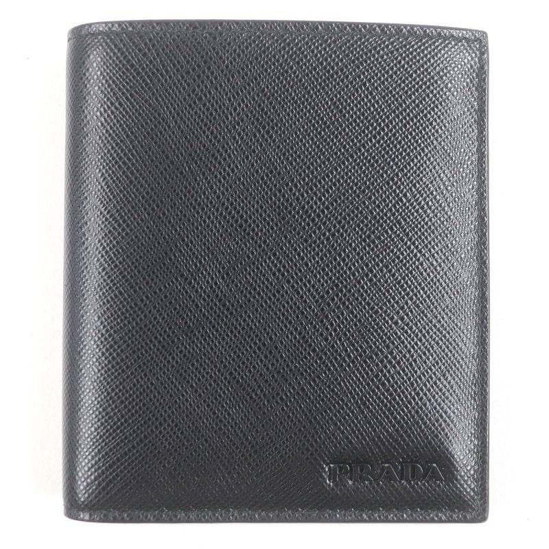 Prada 2 Mo004 Logo Plate Saffiano Martic Leather Bifold Card Case Billfold Nero