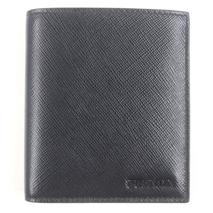 Prada 2 Mo004 Logo Plate Saffiano Martic Leather Bifold Card Case Billfold Nero