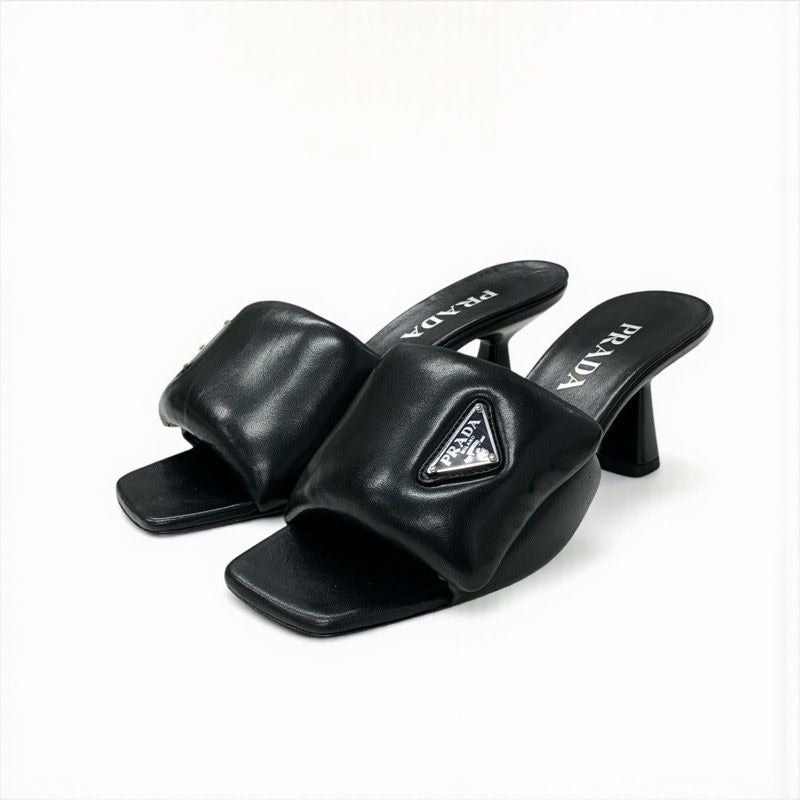 Prada Sandals Shoes Leather Black Silver Mule Triangle Logo Padded Nappa