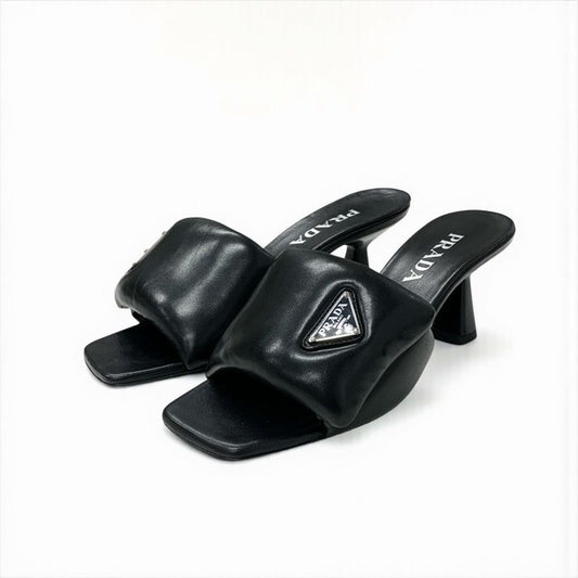 Prada Sandals Shoes Leather Black Silver Mule Triangle Logo Padded Nappa