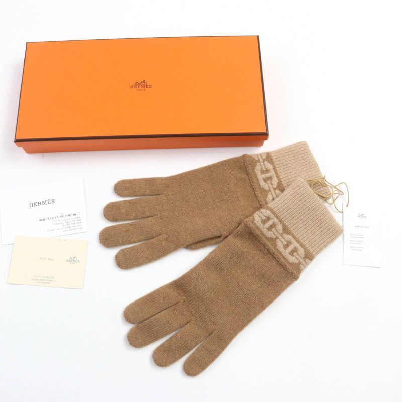 Hermes Haven Cashmere Chateigne Biscuit Chaine D'ancre Knitted Gloves M With