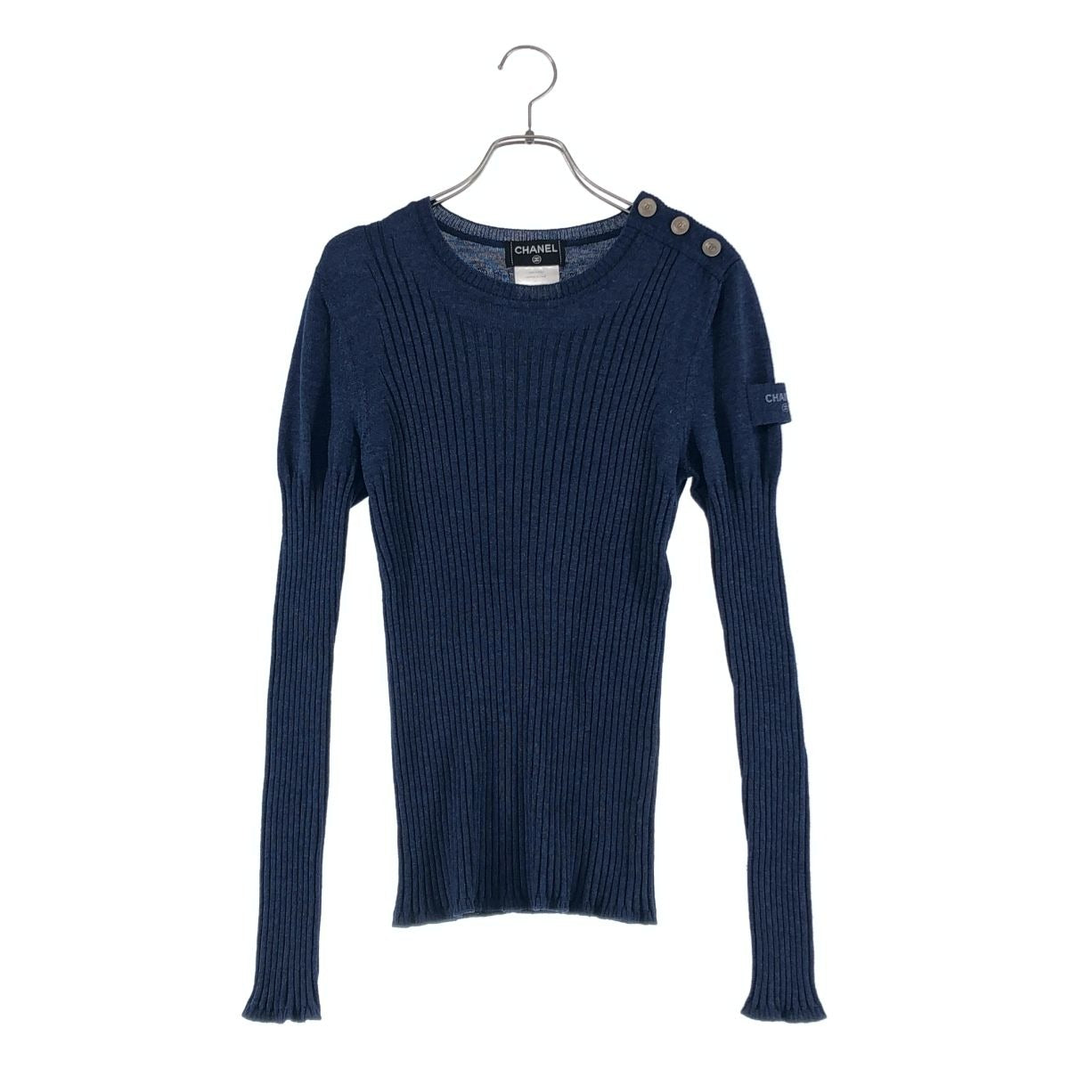 Chanel Wool Silk Coco Button Rib Knit Top 38 Navy
