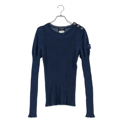 Chanel Wool Silk Coco Button Rib Knit Top 38 Navy